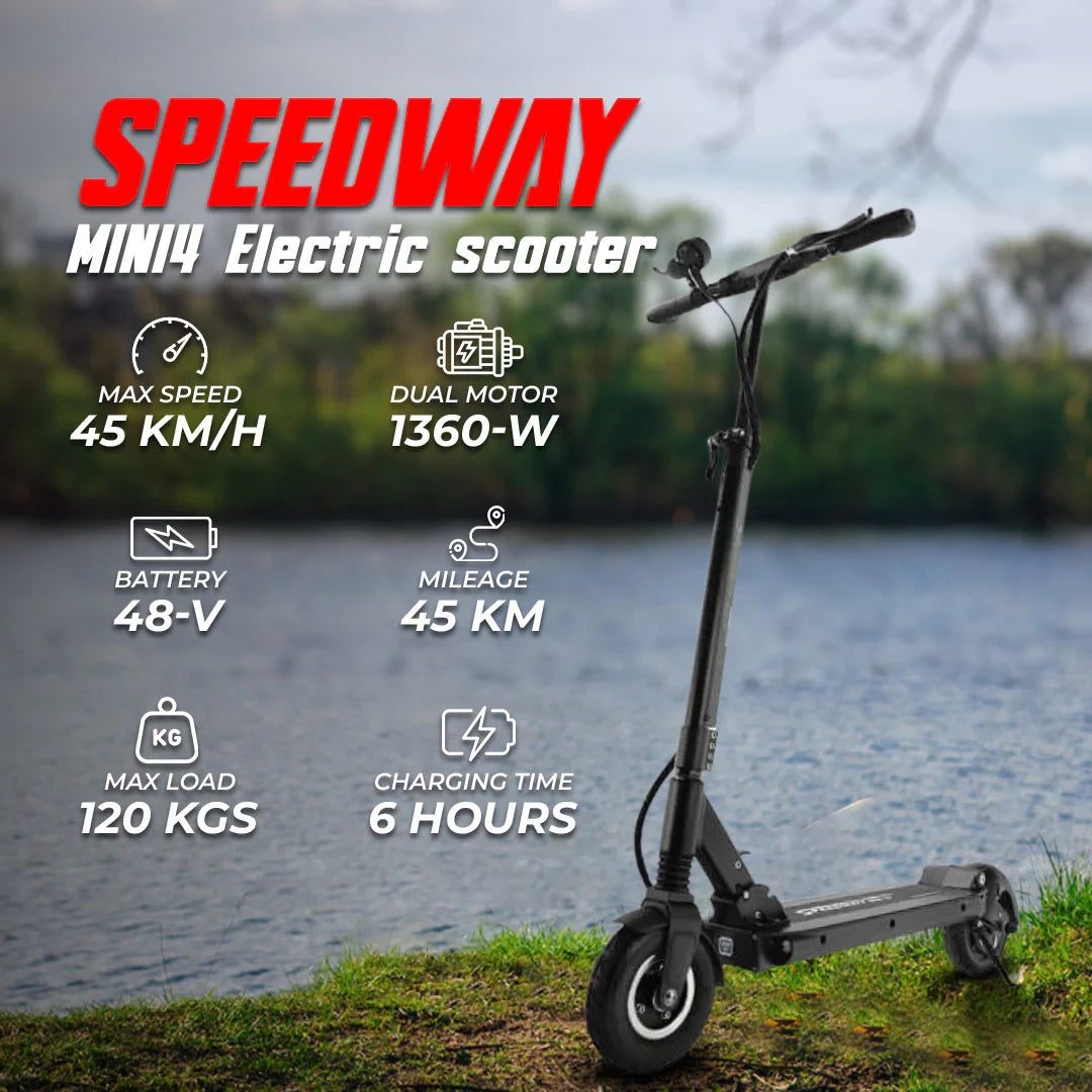 Speedway Mini4 electric scooter with specifications displayed against a natural background