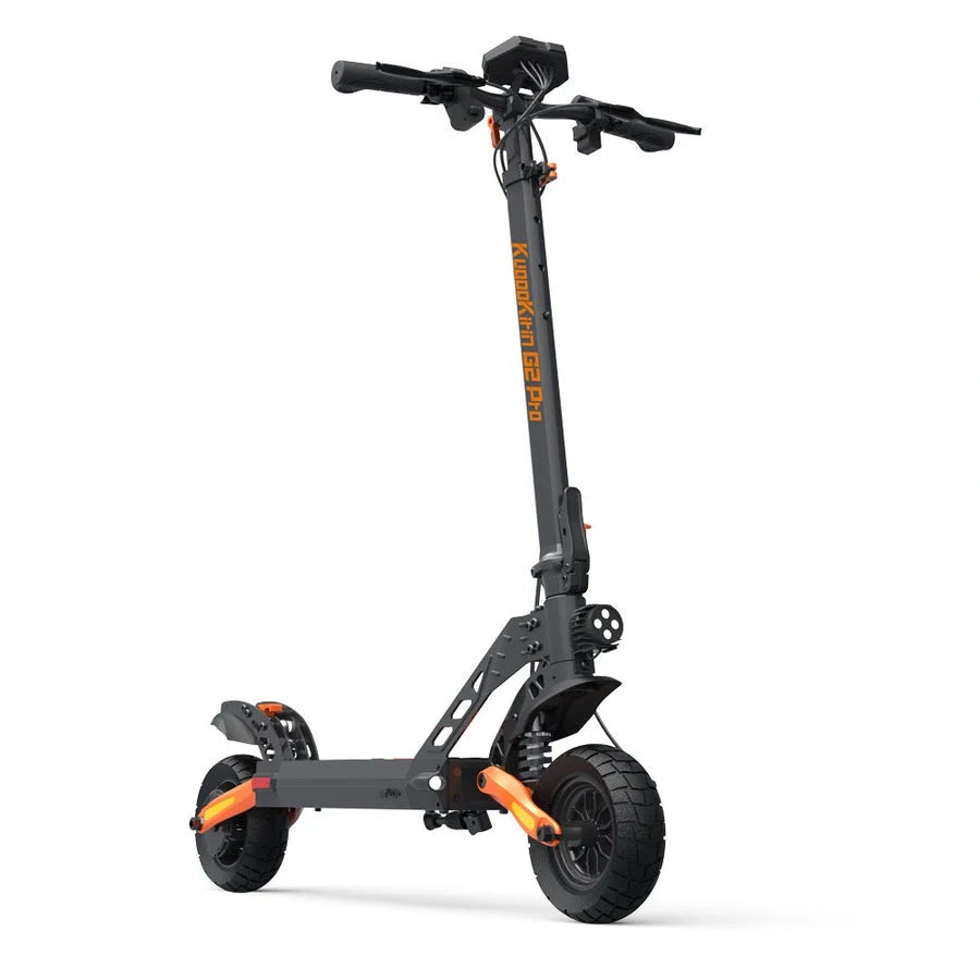 Black electric scooter with orange accents on a white background