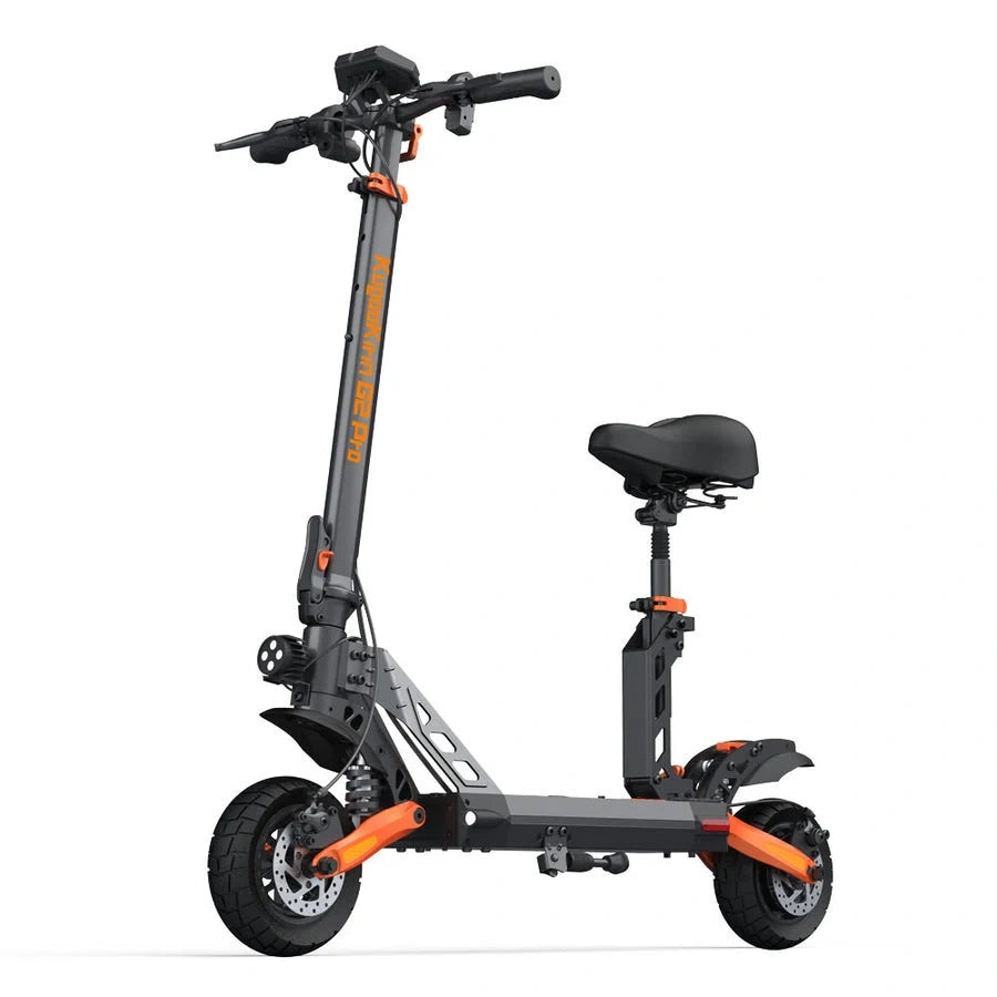 Gray electric scooter with a seat on a white background