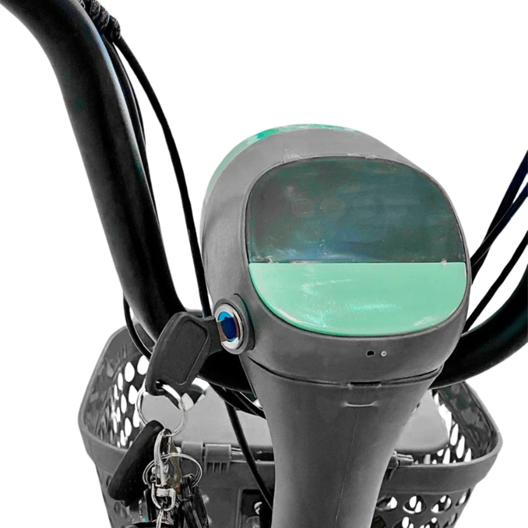 Close-up of a bike mirror attached to a bicycle handlebar with a white background.