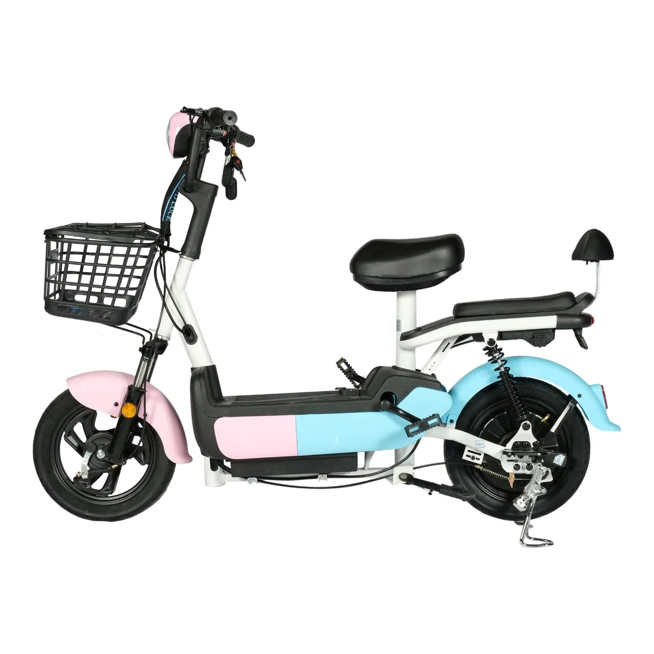 Electric bike with pink and blue design on a white background