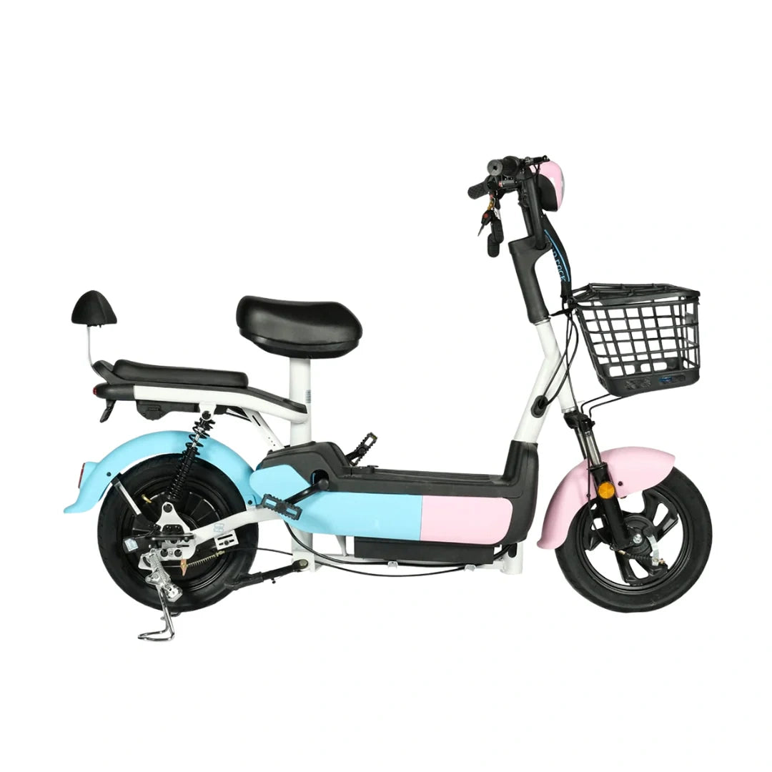 Small electric bike with a basket on a white background