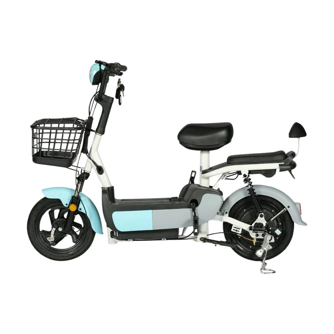 Electric scooter with a basket on a white background