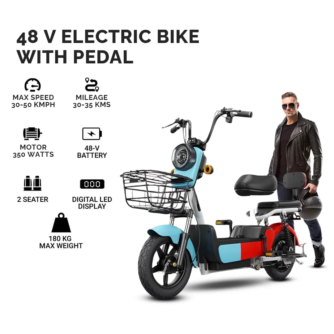 48V electric bike with pedal features and specifications on a white background