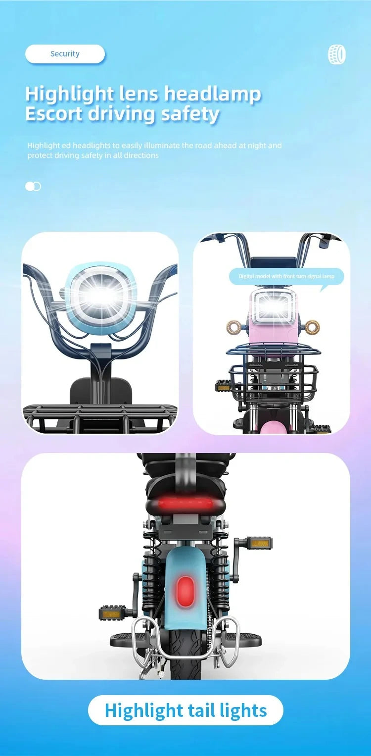 Illustration of a motorcycle with highlighted headlamp and tail lights on a gradient blue background.