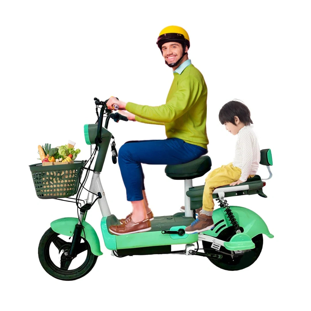 Man and child riding a green electric scooter with a basket of groceries on a white background