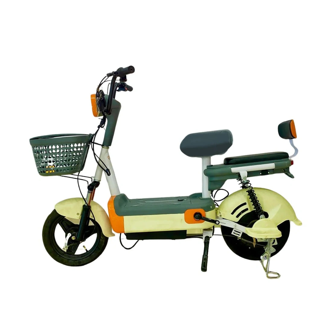 Electric scooter with a basket on a white background
