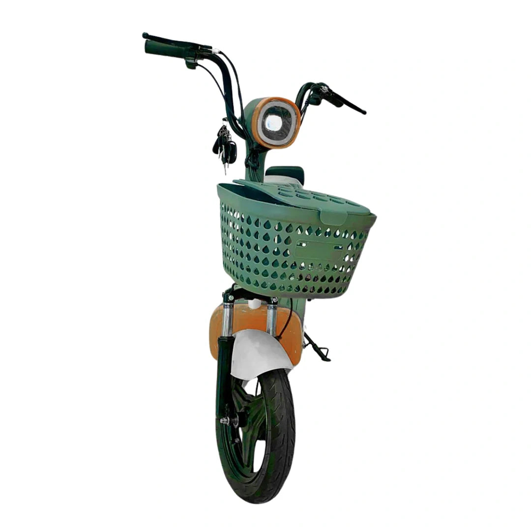 Small green and orange bike with a basket on a white background