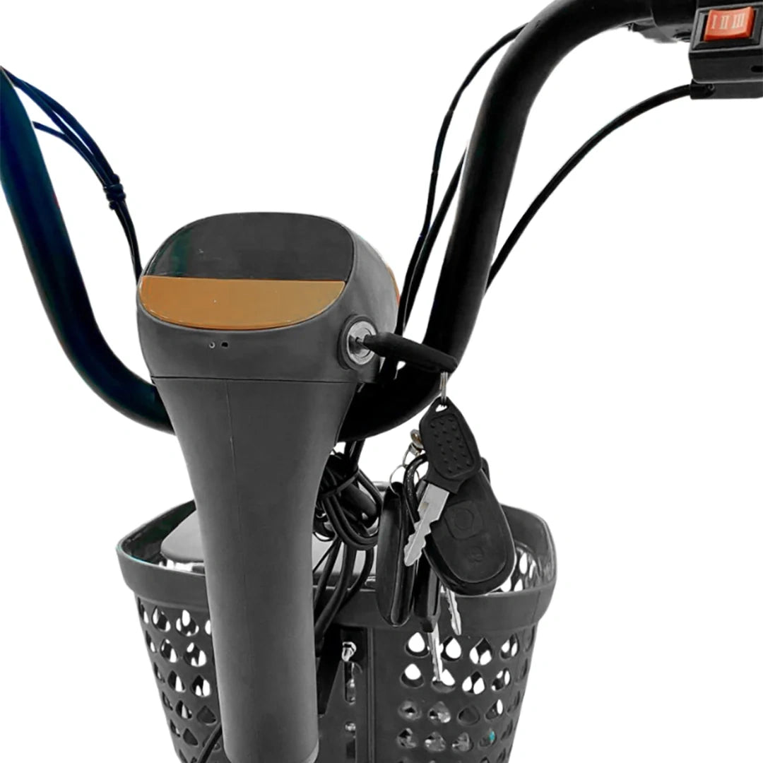 Close-up of a bicycle handlebar with a basket and various attachments on a white background