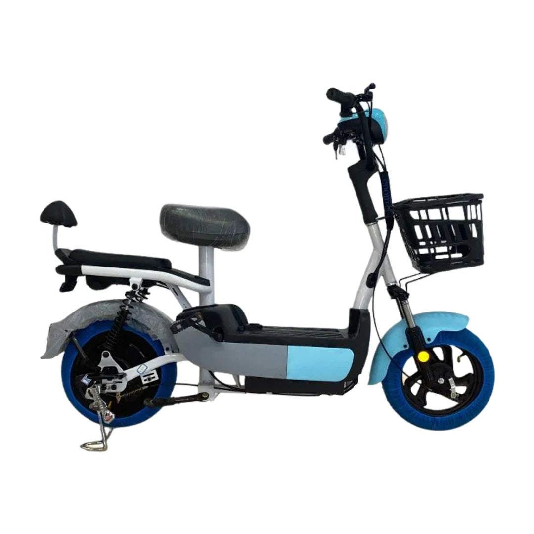 Electric scooter with blue and black design on a white background