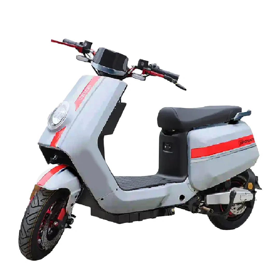 Gray electric scooter with red accents on a white background