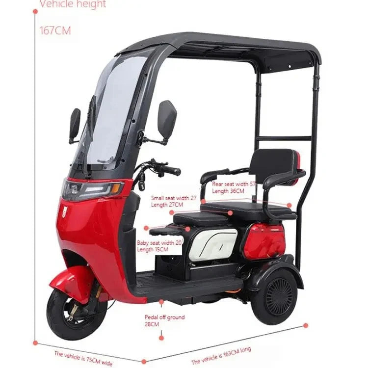 Red three-wheeled vehicle with measurements on a white background