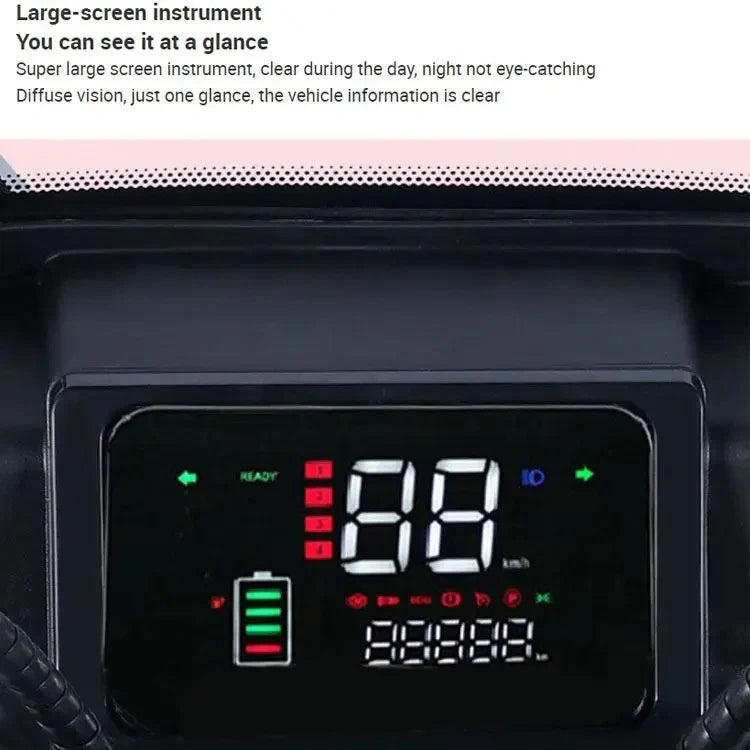 Digital instrument cluster with large screen displaying vehicle information.