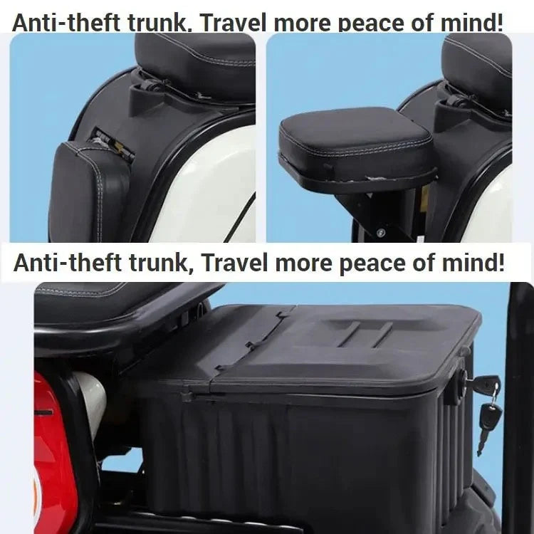 Anti-theft trunk with black lid and seat on a vehicle, featuring text 'Anti-theft trunk. Travel more peace of mind!'.