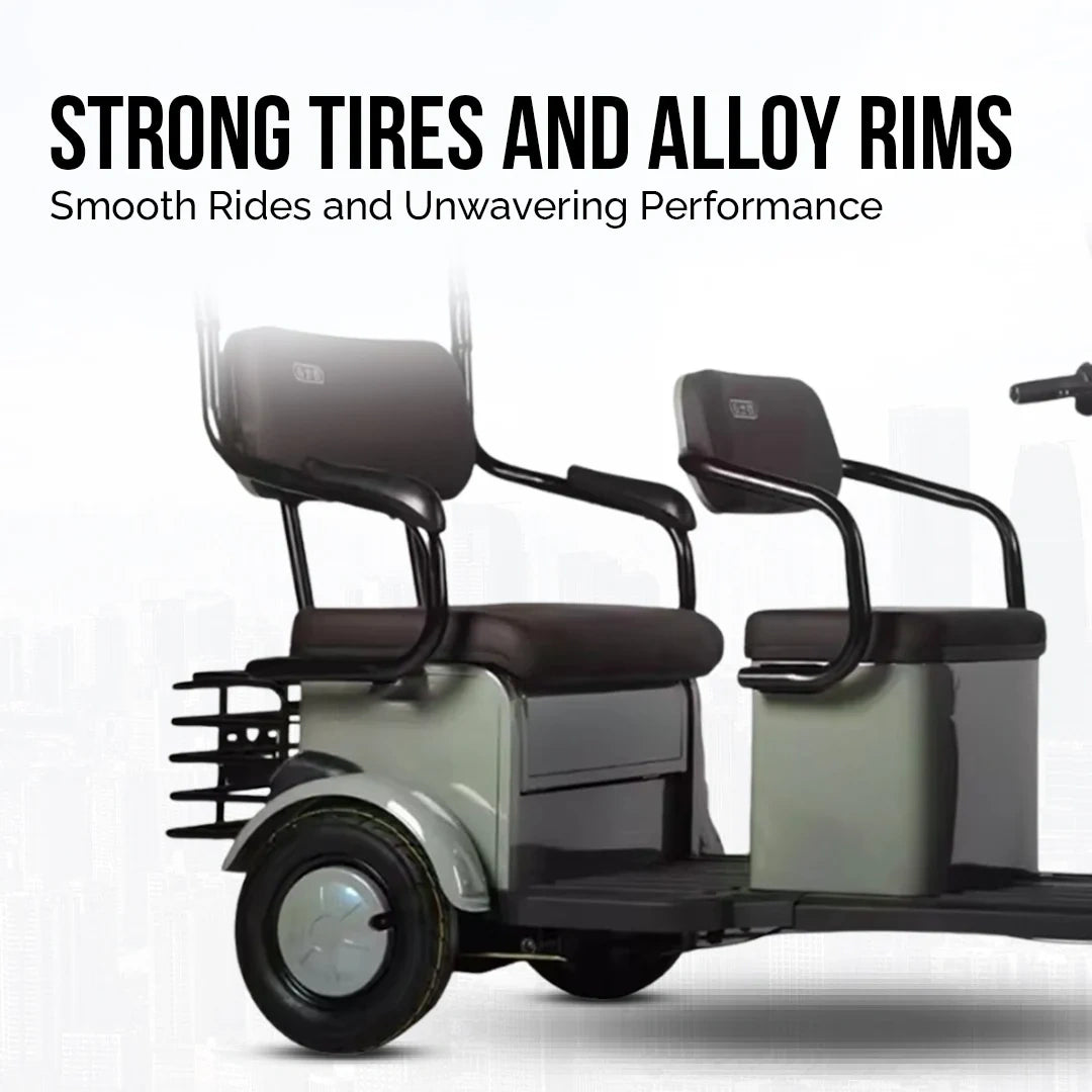 Three-wheeled mobility vehicle with strong tires and alloy rims on a white background