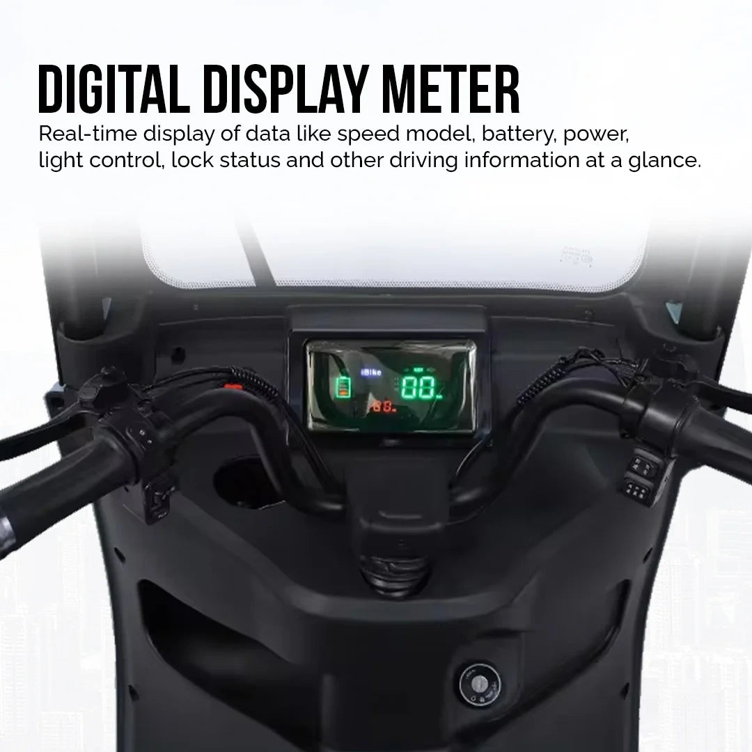 Digital display meter on a vehicle dashboard with text describing its functions.