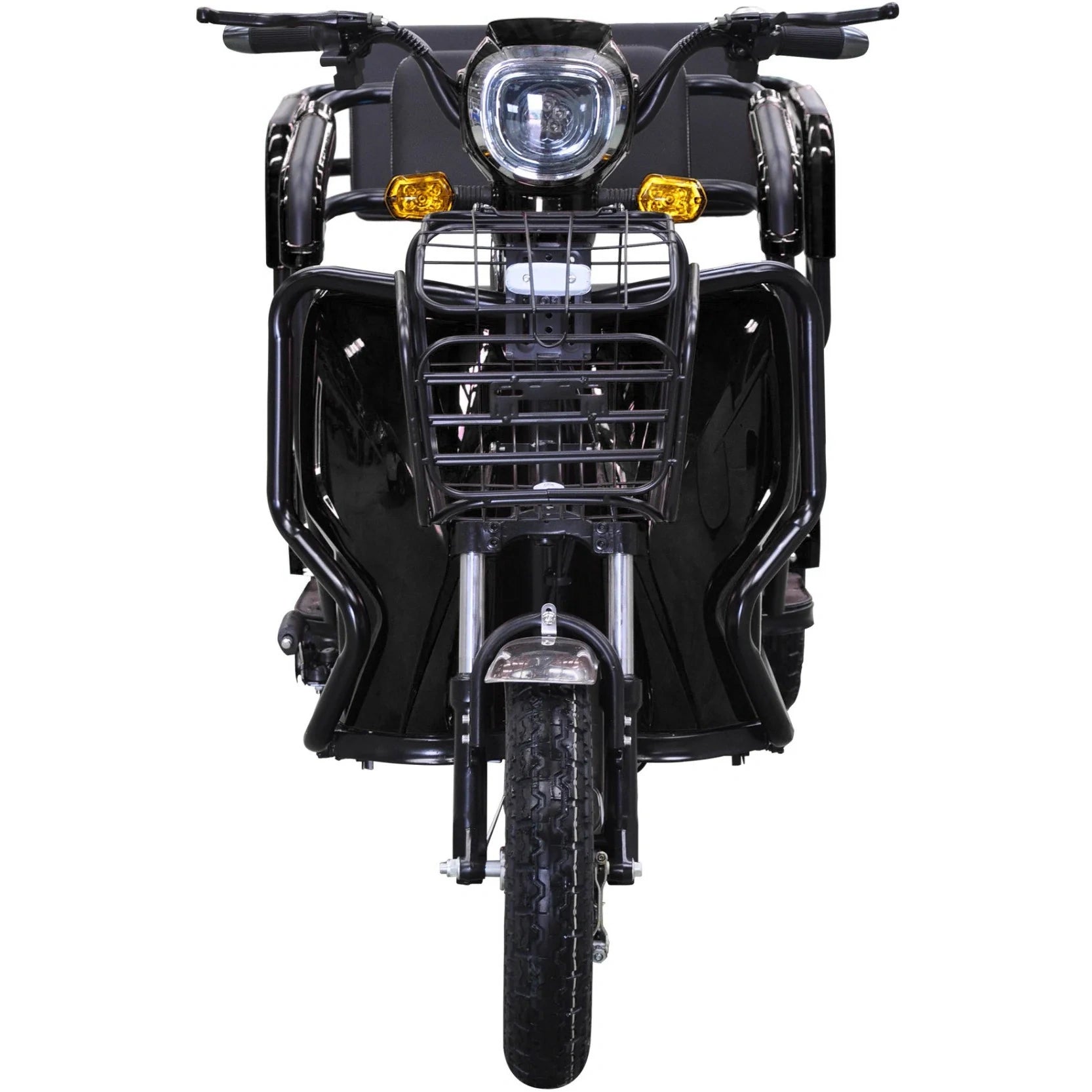 Black scooter with front headlight and grille on a white background