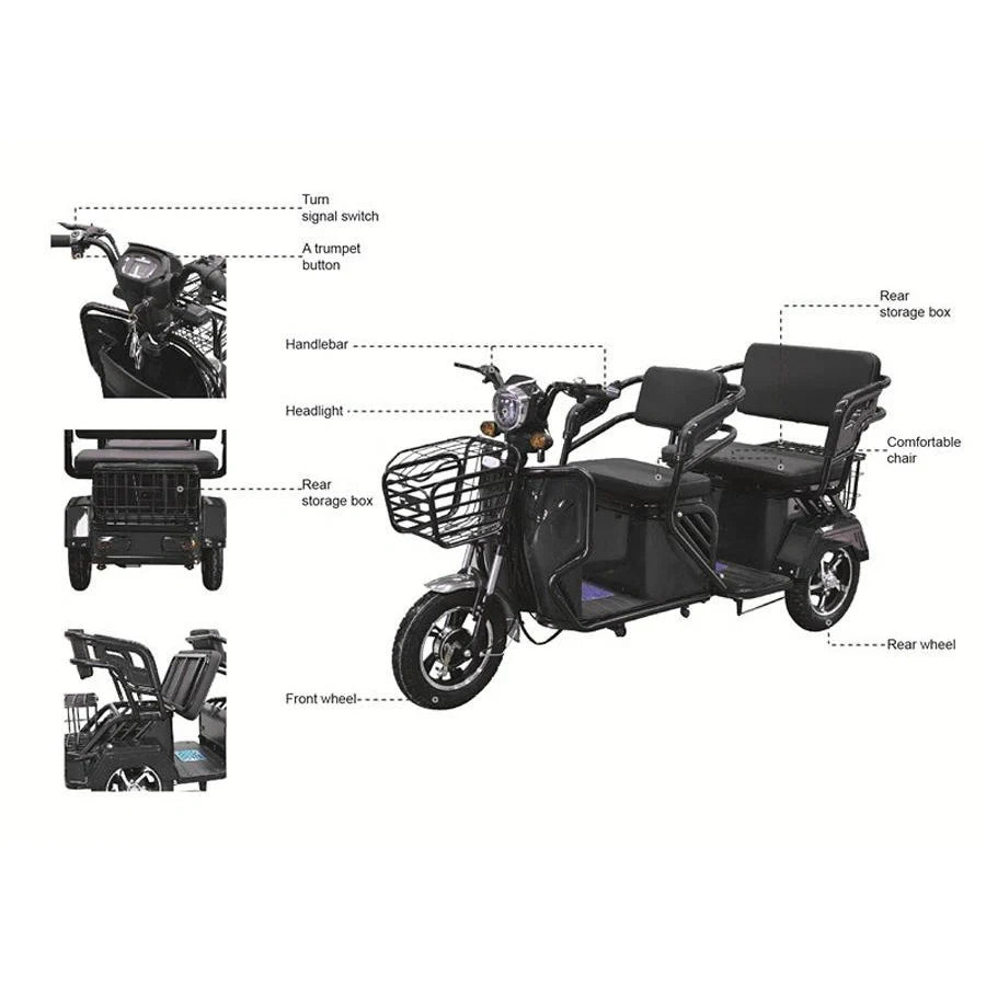 Black electric tricycle with labeled parts on a white background