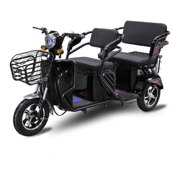Black electric tricycle with two seats and a basket on a white background
