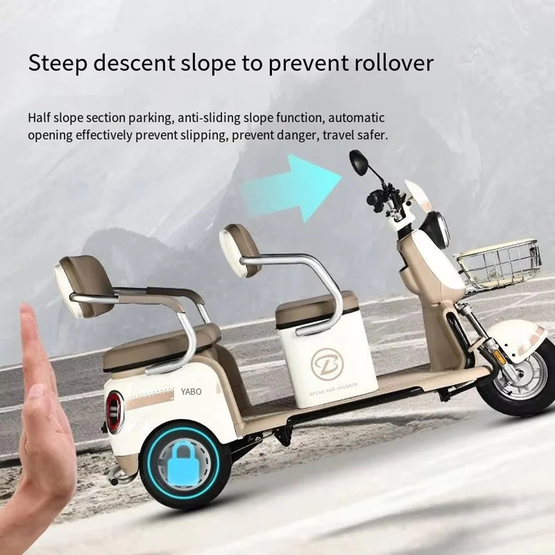 Electric scooter with safety features on a road, pointing towards the scooter.