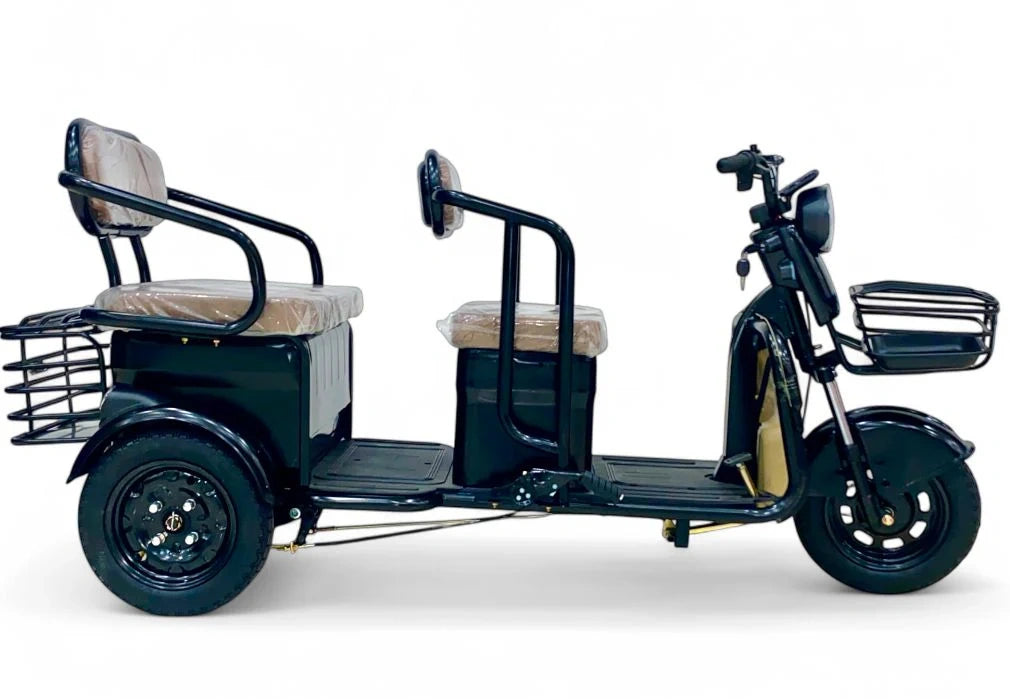 Three-wheeled electric vehicle with a seat and basket on a white background