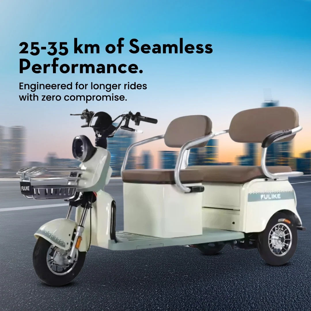 Electric scooter with two seats on a road with a cityscape background, featuring text about performance.