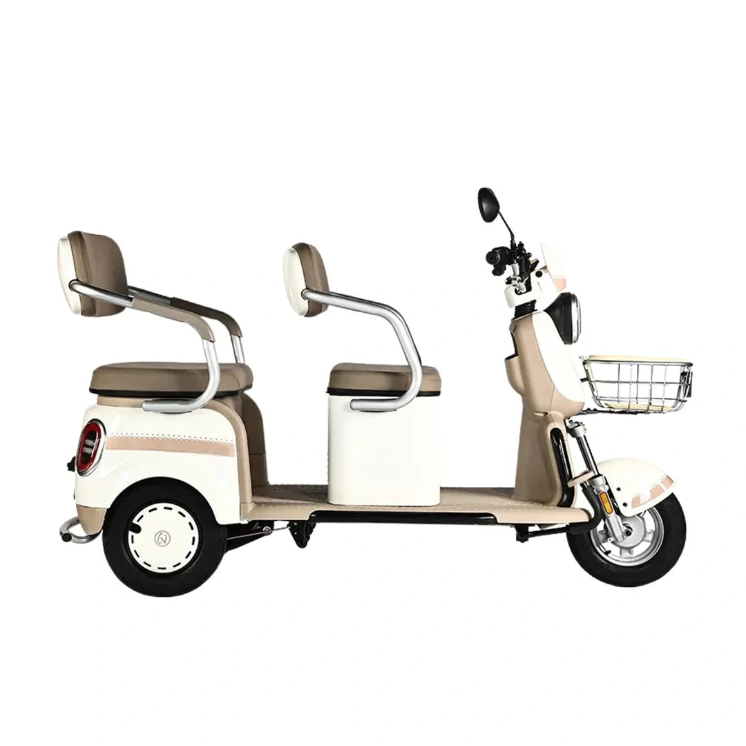 Two-seater electric scooter with beige and brown design on a white background