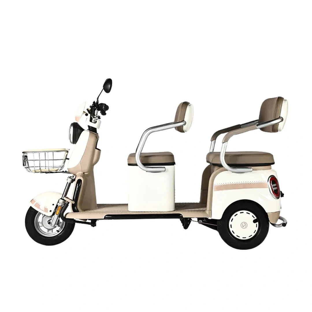 Beige electric tricycle with a basket on a white background