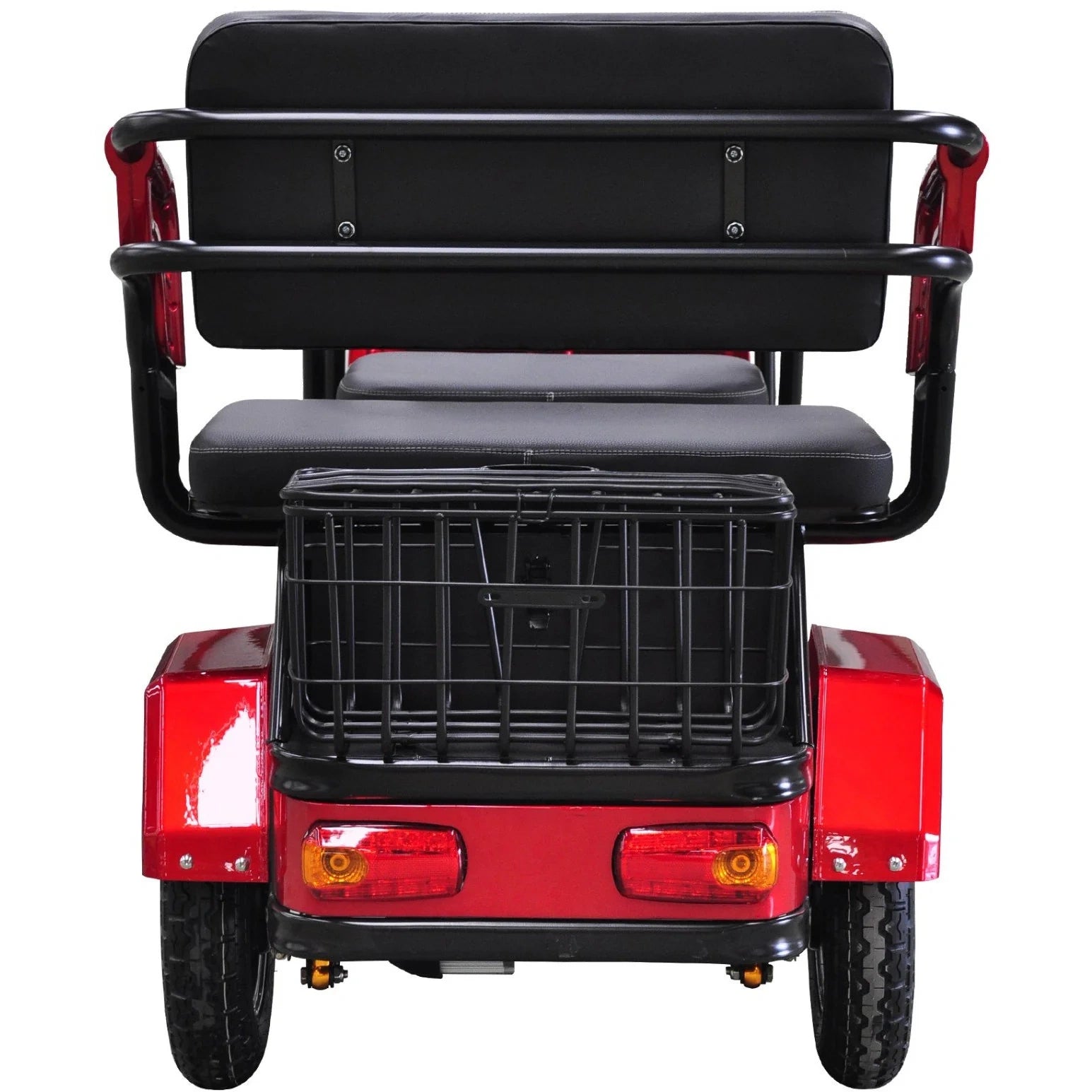 Red and black golf cart with a basket on a white background