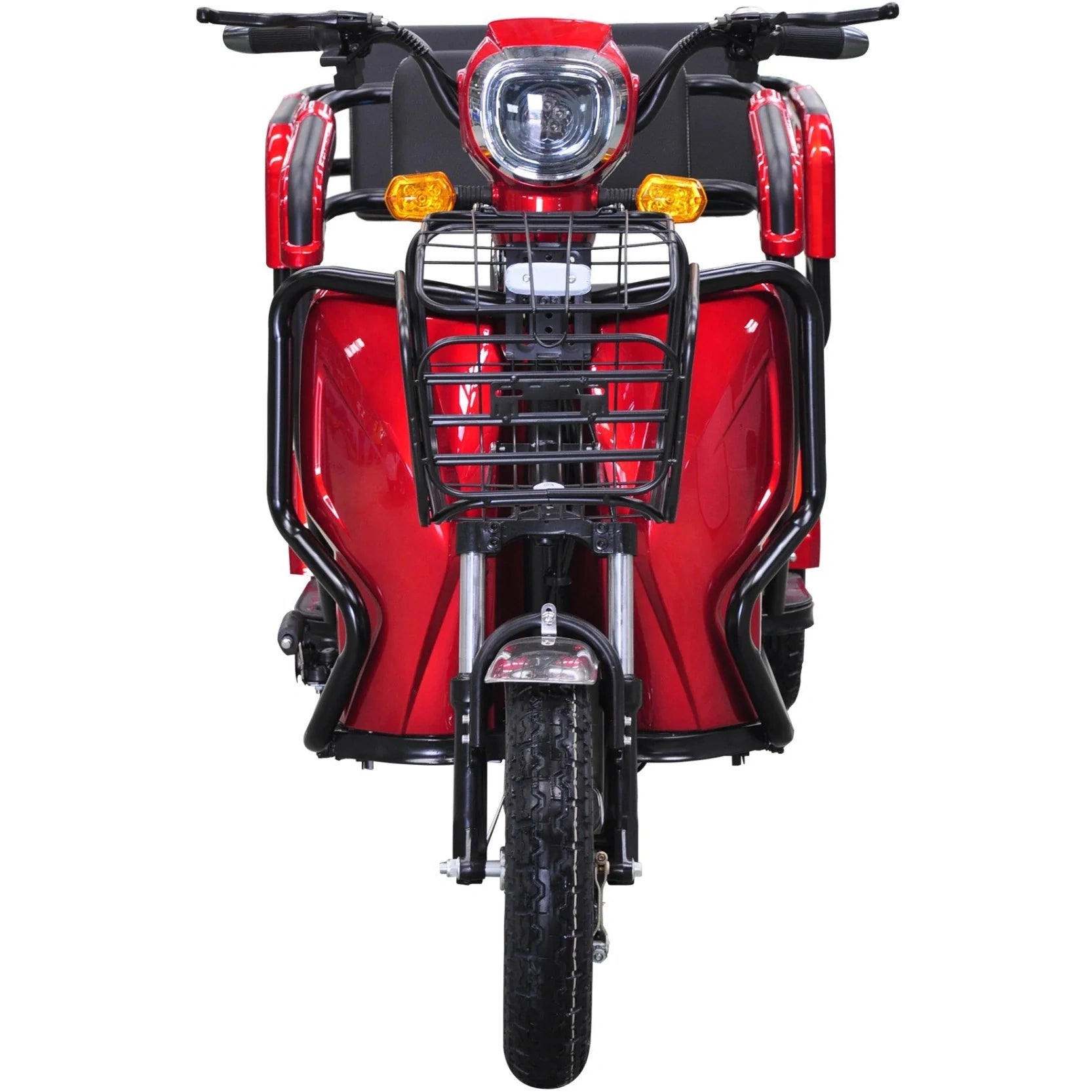 Red scooter with black basket on a white background