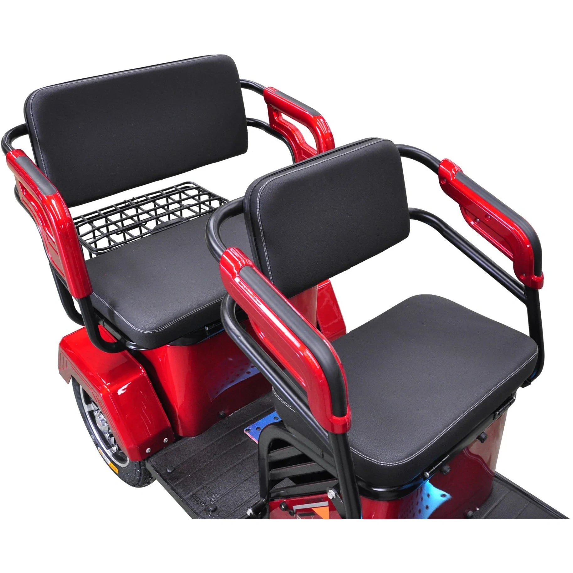 Red mobility scooter with black seats on a white background