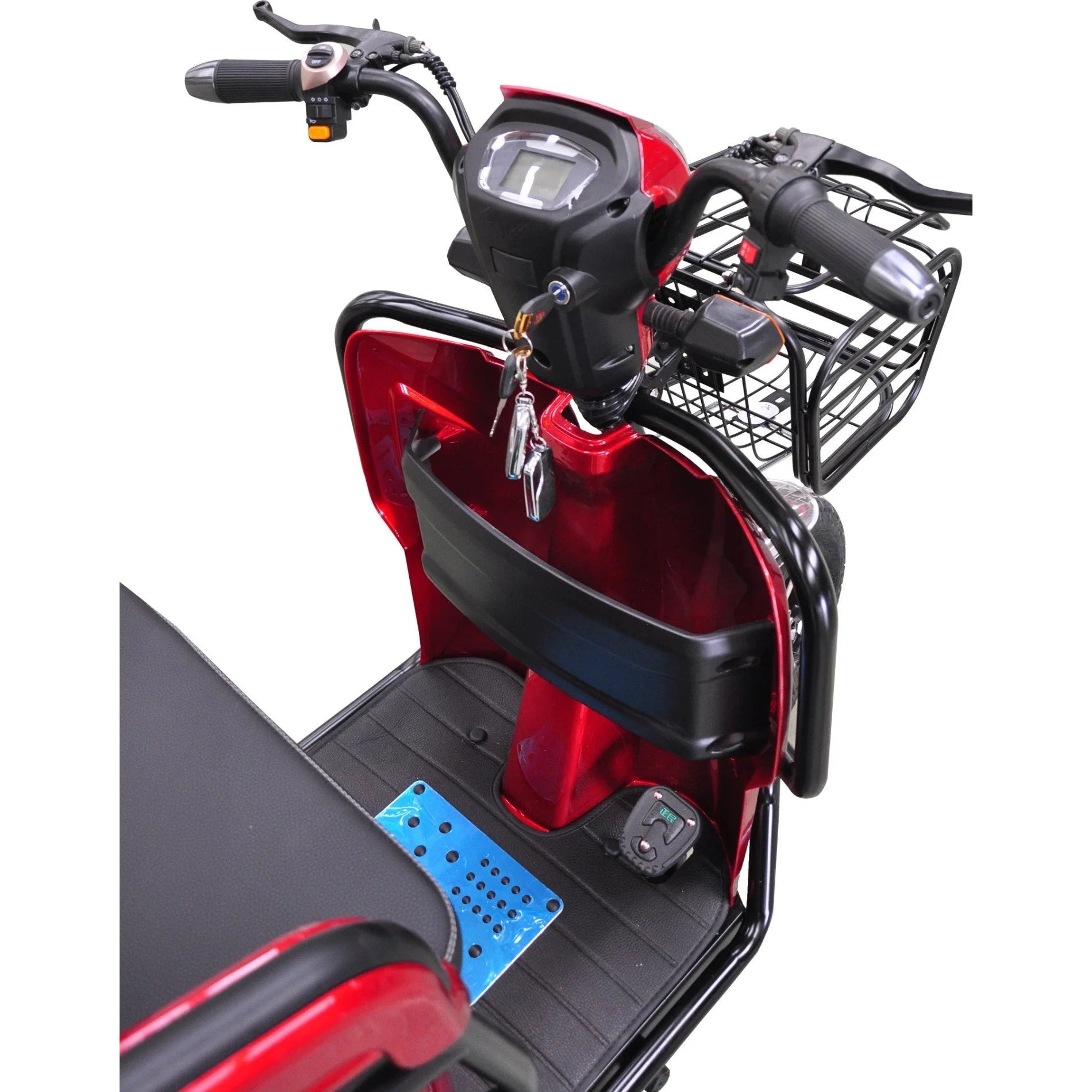 Red scooter with black seat and basket on a white background