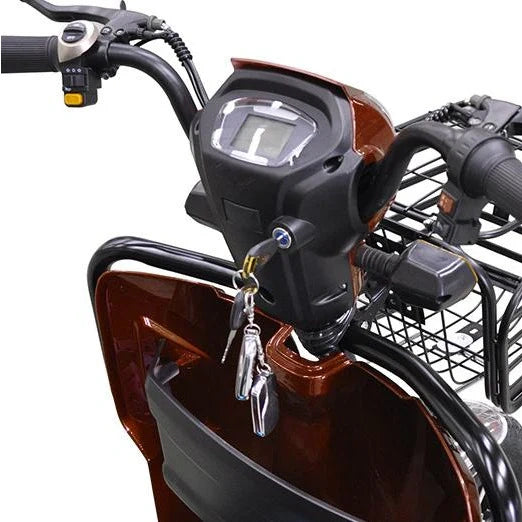 Close-up of a motorcycle's handlebar with keychain and headlight on a white background