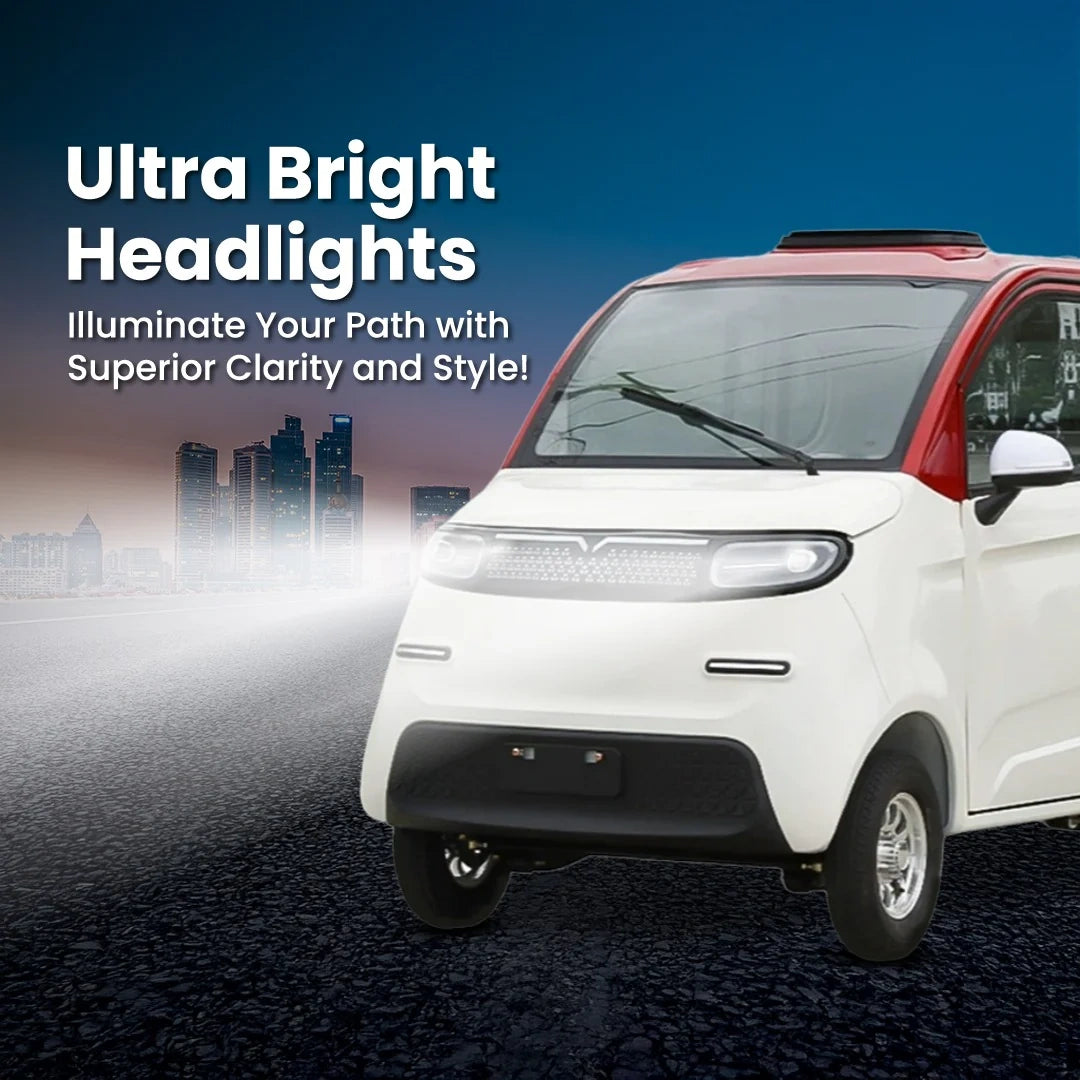 White car with ultra bright headlights on a road at night, cityscape in the background