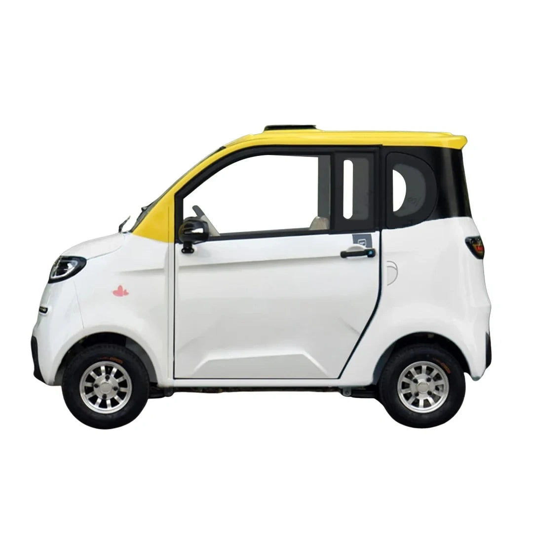 Small white car with a yellow roof on a white background