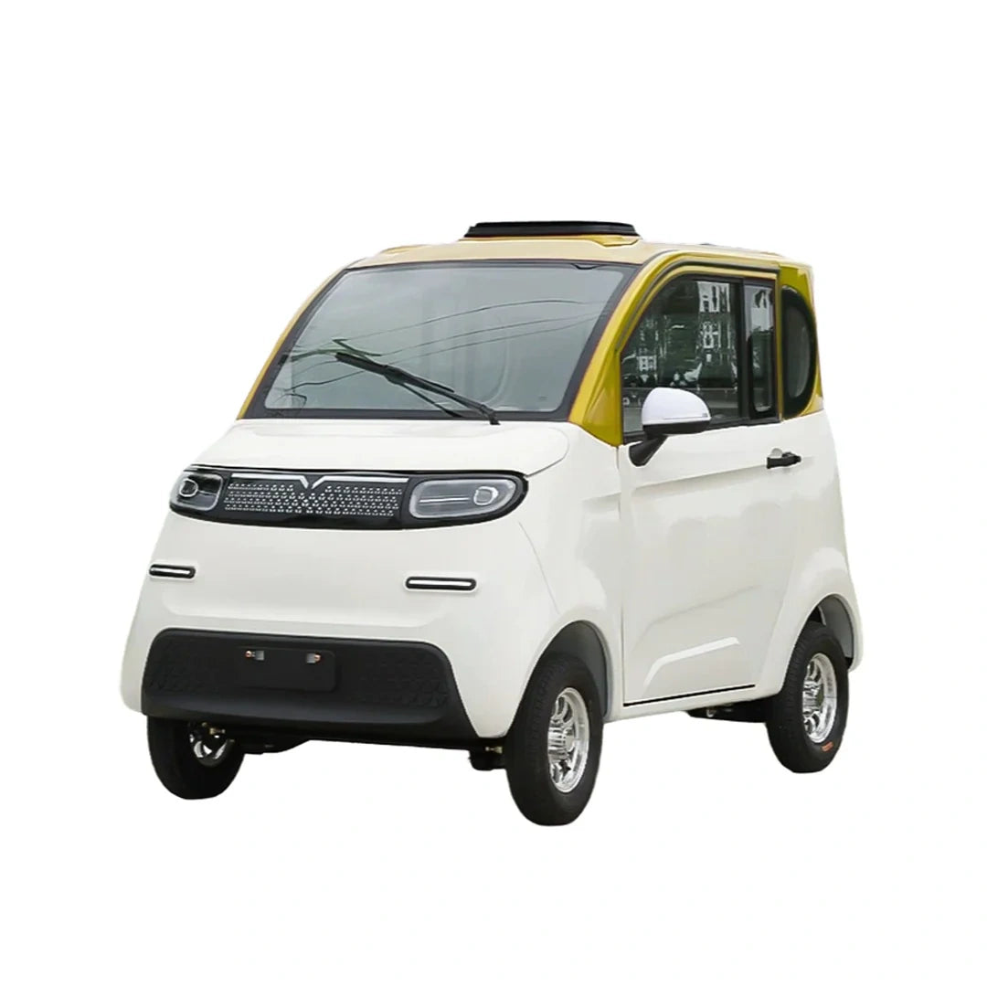 Small white and yellow electric vehicle on a white background