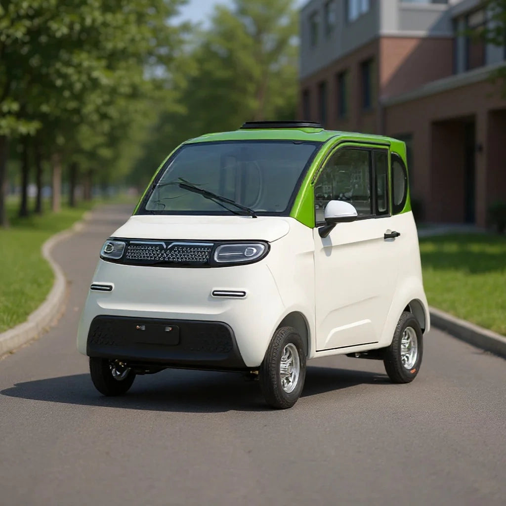 Small electric vehicle with a green roof on a road with trees and buildings in the background