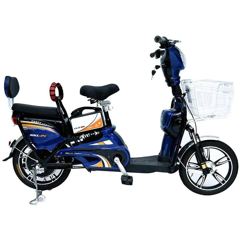 Blue electric bicycle with a basket on a white background