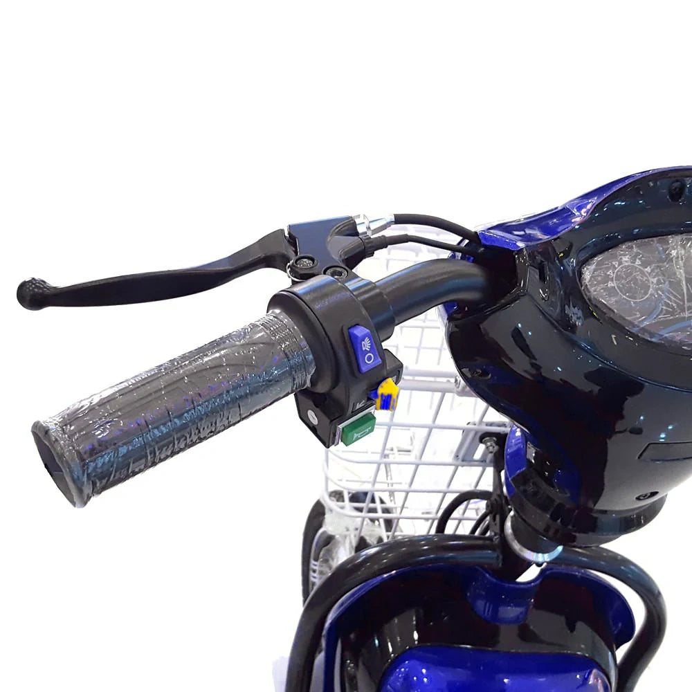 Close-up of a blue motorcycle handlebar with control panel on a white background