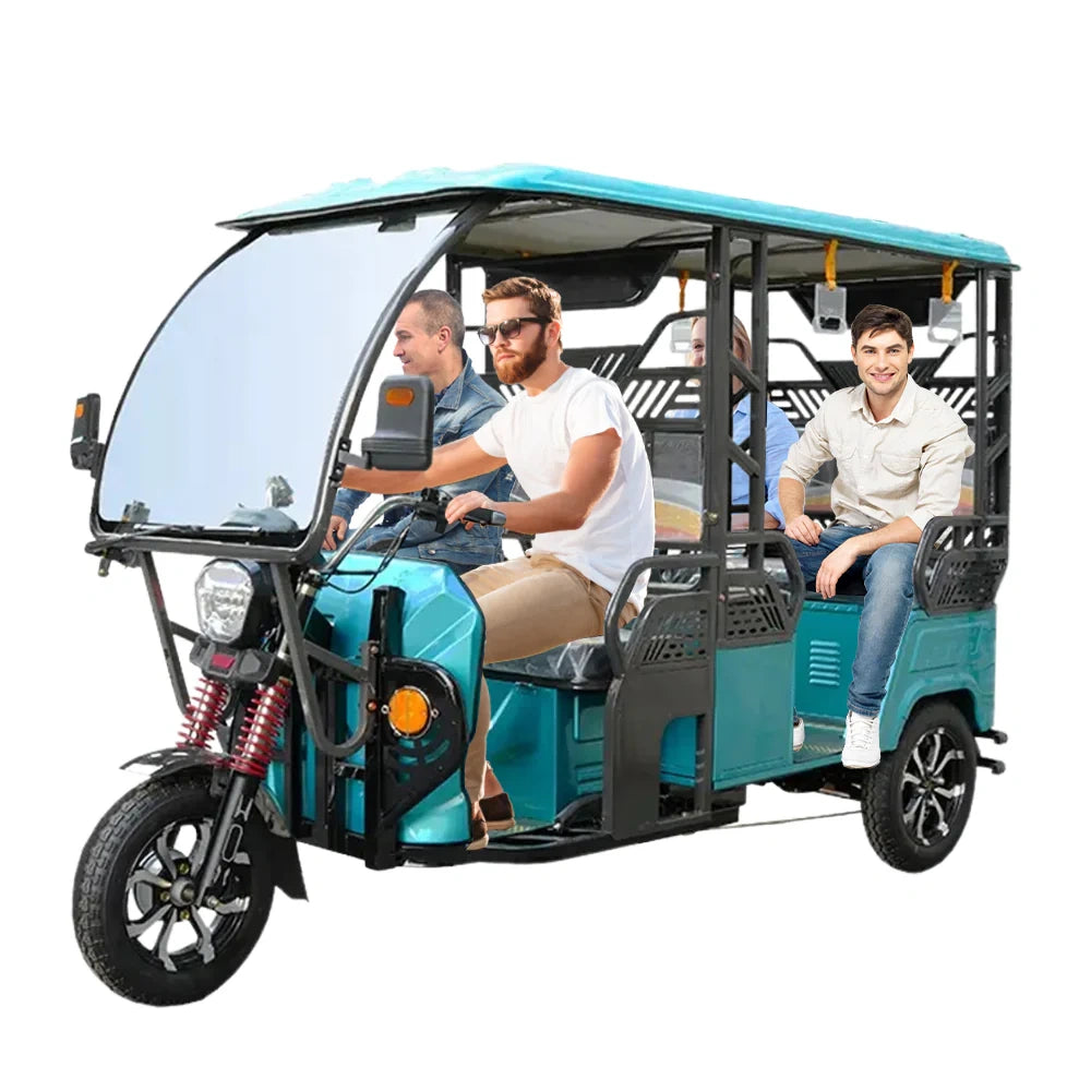 Blue electric rickshaw with three people sitting inside on a white background