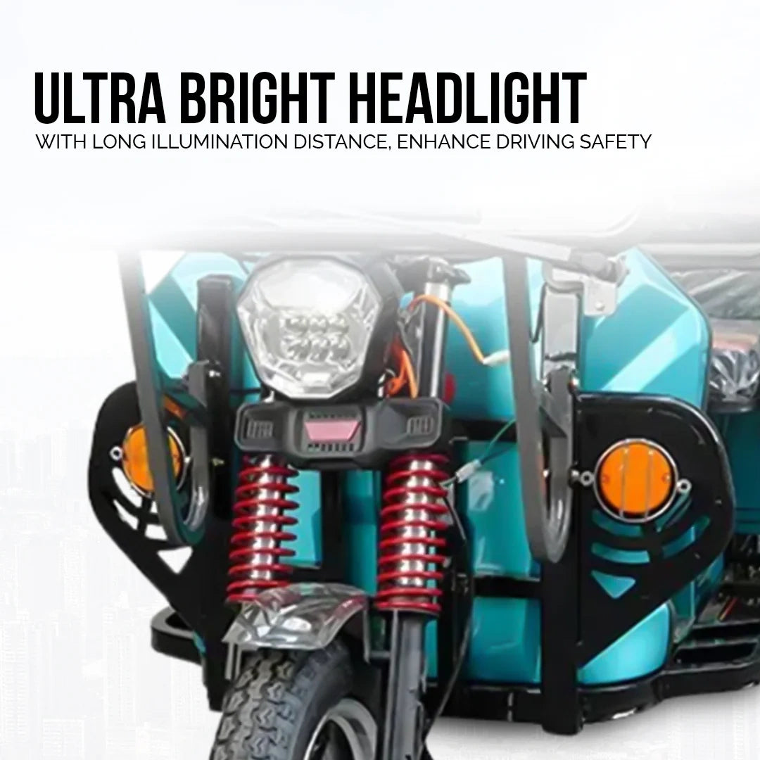 Motorcycle with ultra bright headlight and text about driving safety
