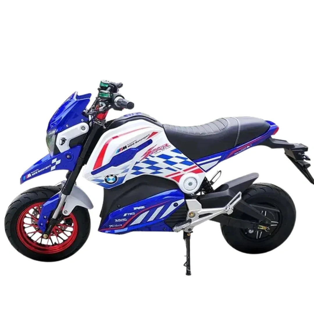 Blue and white motorcycle with red accents on a white background