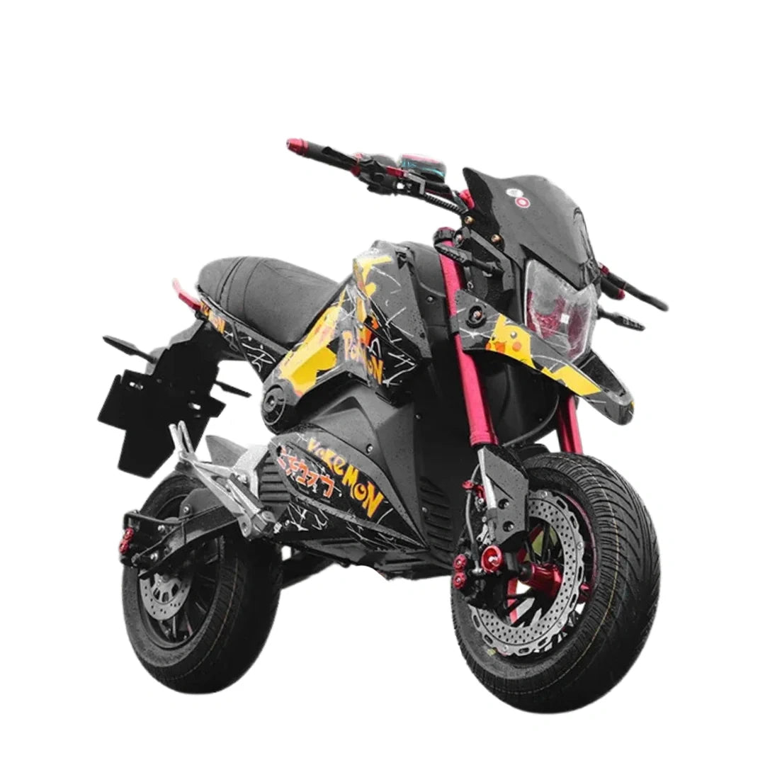Black motorcycle with yellow and red accents on a white background