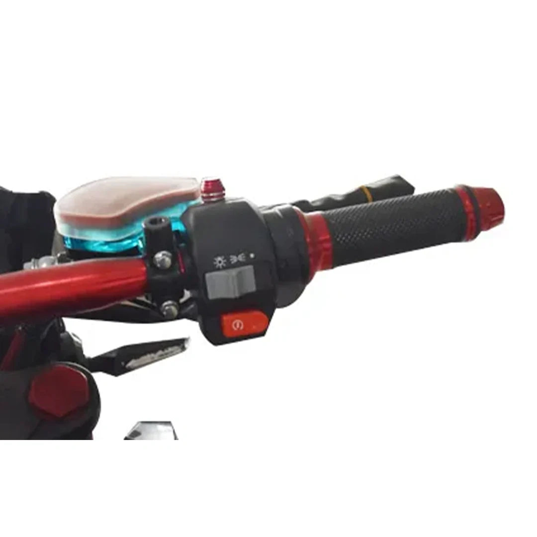 Close-up of a motorcycle handlebar with control grips on a white background