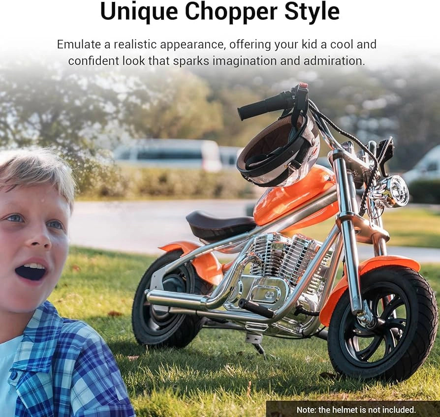 Child with a unique chopper-style toy motorcycle on grass