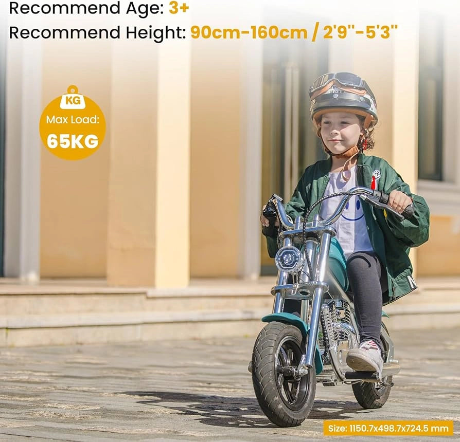 Child riding a bicycle with safety helmet outdoors, product specifications displayed.