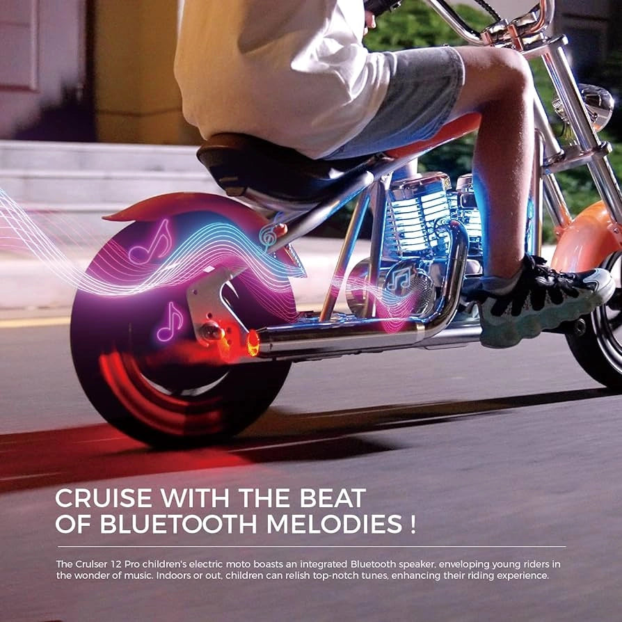Child riding a futuristic electric scooter with Bluetooth speaker, text 'Cruise with the Beat of Bluetooth Melodies'.