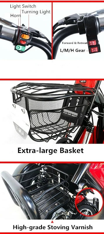 Motorcycle handlebar accessories including light switch, horn, turning light, gear controls, and an extra-large basket.