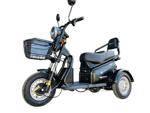 Black electric tricycle with a basket on a white background