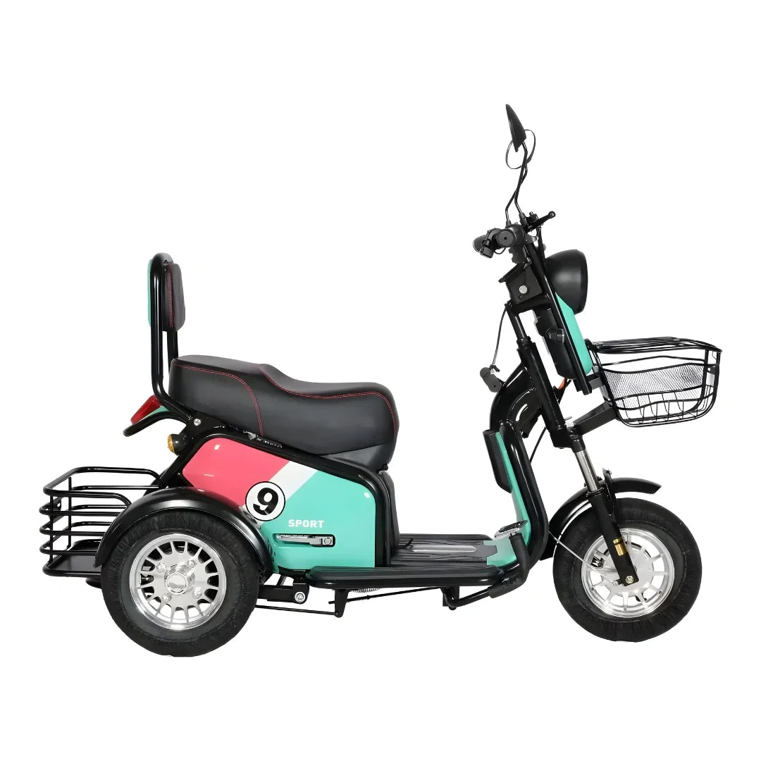 Three-wheeled electric scooter with a colorful design on a white background